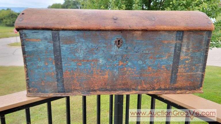 Beautiful Norwegian Immigrant Trunk dated 1854. Unable to decipher all the initials but they maybe , B. C. L. D. Hand Made Dovetailed Trunk with Hand Wrought Iron fittings. 2 Keys included. Largest ke