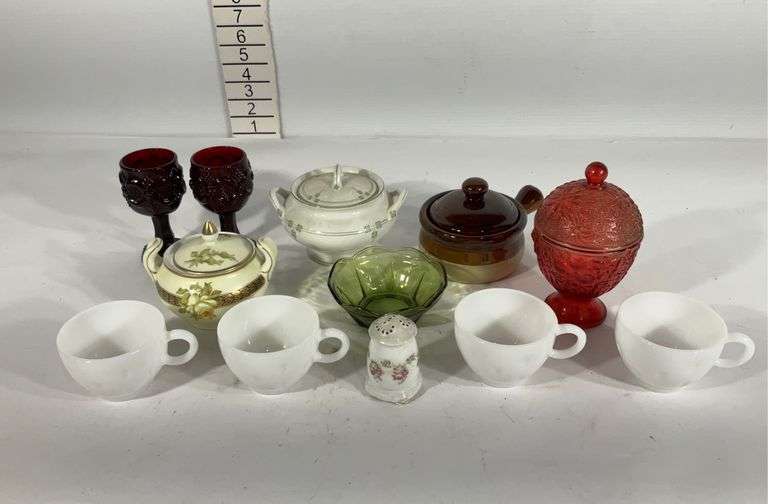 Servingware, includes four milk glass cups, covered candy dish, salt ...