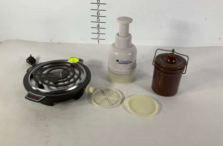 Hamilton beach fifth burner. Works. A small crock with lid. Hand dicer