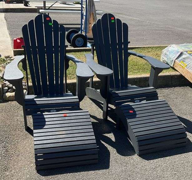 Pair of leisure time Adirondack chairs with matching ottomans, high density poly body, well maintained condition, worth keeping and eye on