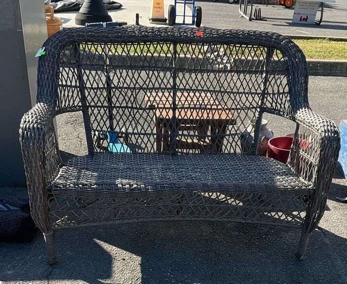 All weather wicker loveseat, high back, 44”sitting, 24”H back, some broken spots