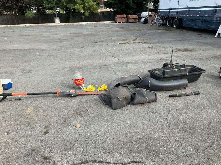 Lawn care lot, mower blades, riding motor bag equipment( there is som damage), electric Remington electric hedge trimmer(sometimes item stalls when get hot, spools of weed-eater string