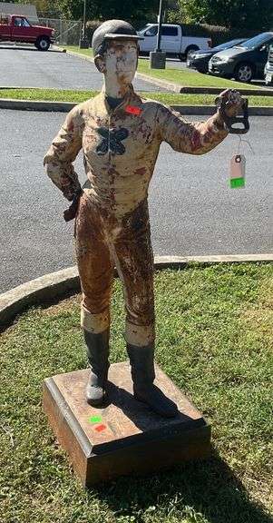 Cast iron lawn jockey with platform, jockey and stand together are 45”H, needs new bolts to keep attached, Heavy!!!