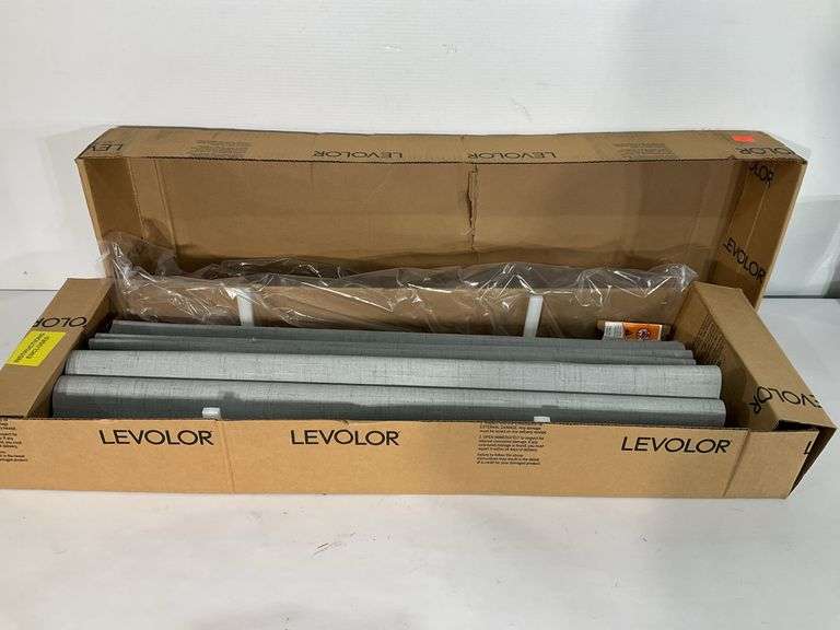 5 Levolor custom window shades, grey, in box, custom sizes are shown in ...