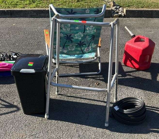 Poly bathroom trashcan, medical walker, soaker hose(appears to have no holes