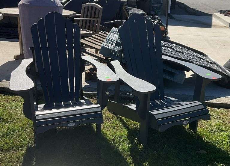 Pair of Leisure time Adirondack chairs, high density poly body, well maintained condition, worth keeping and eye on