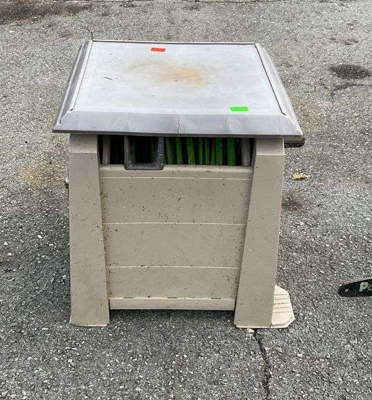 Poly hose reel box, crank handle, crack along top of box, and hose appears to have no holes