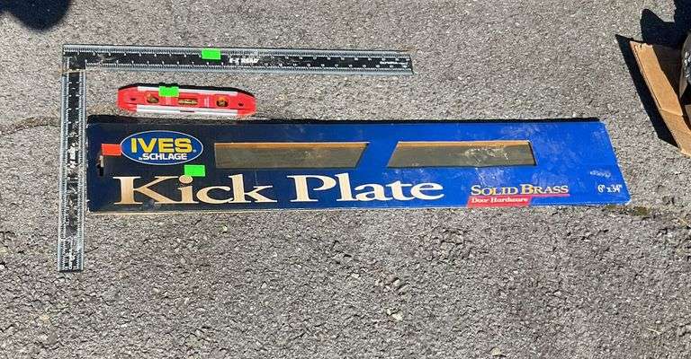 Brass kick plate, ez read ruler, level