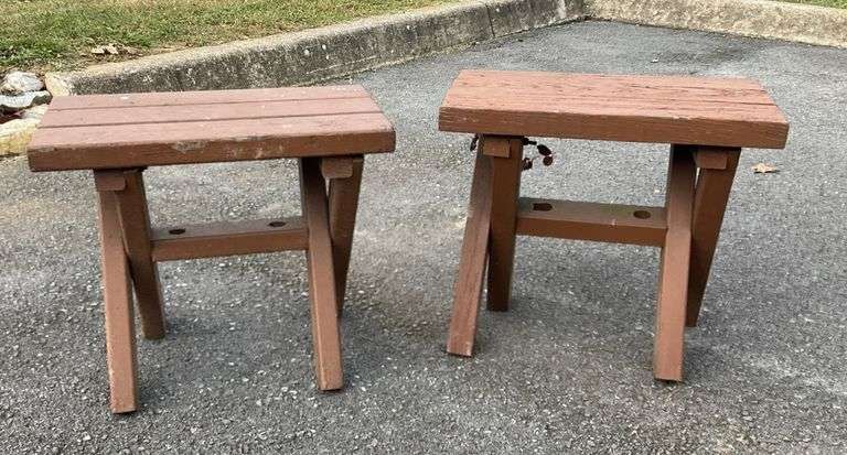 Pair of slatted bench seats, wooden body, 18”L x10.5”W