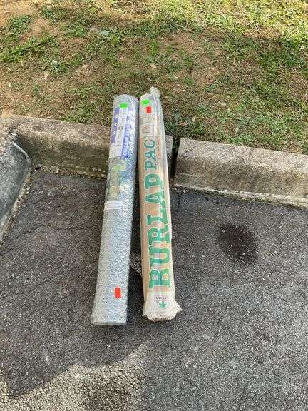 Galvanized poultry netting and burlap roll, both full rolls 36”H x50’L and 3’H x24’L