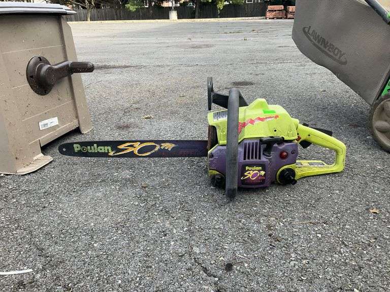 PoulanPro chainsaw, 50th anniversary, 16”bar, item has compression but couldn’t get started, also needs a chain, sells for repairs or parts