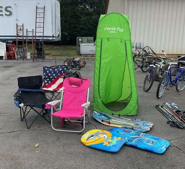 Pop up commode cover, folding outdoor chairs, boogie boards, all items have some cosmetic damage