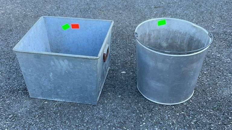 Galvanized pale with handle and galvanized planter, 11”square and 10”dia