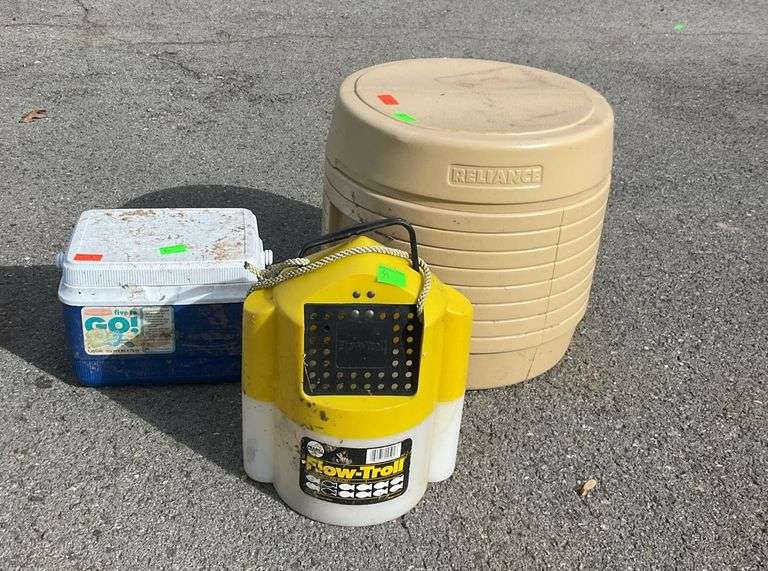 Poly cooler, flow-trail minnow trap, reliance poly commode