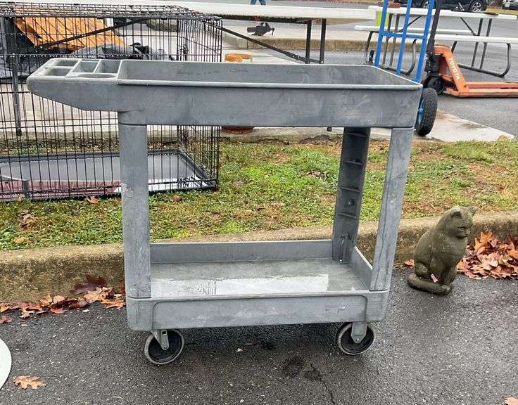 Rubbermaid two tier cart, I.D(inside dimensions) 30”L x 16.5”W, overall cart size 39.L x 17.5”W x 33”W, each shelf has a 250LBs capacity, a great cart for garage or warehouse use