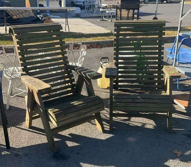 Pair of Adirondack chairs, slatted wooden body, does need to be tightened and cleaned