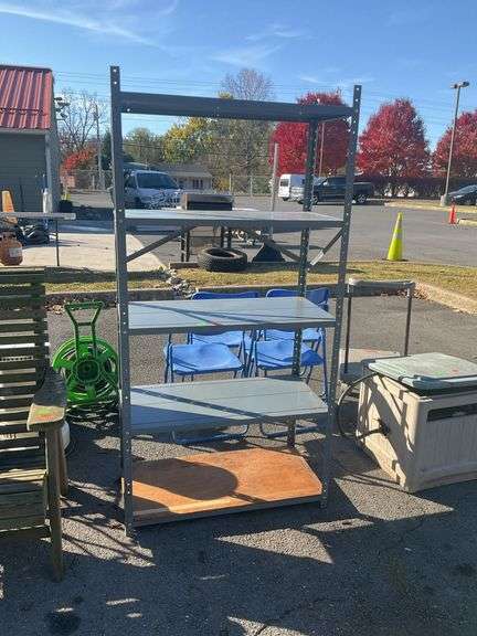 Five tier shelf unit, metal body, 6’H x 36”L x 18”W, one shelf is replaced with wood