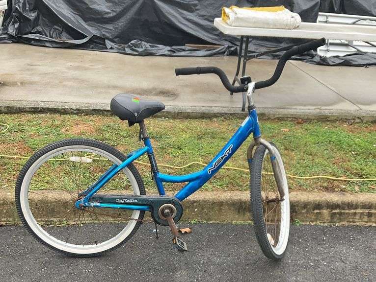 Next beach cruiser bike, LaJolla street cruiser ed., wide bottom seat, white wall tires, foam grip wide handlebars, aluminum frame, some rust otherwise a good bike, ready to ride condition