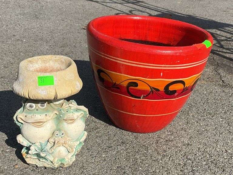 Toad theme plant holder 3”Opening x 9”H and painted clay planter, red/orange/yellow with floral accent, 11”opening x 10”W, toad plant holder has crack along base