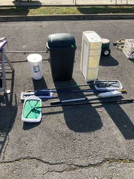 Cleaning tools, four drawer storage unit, foot pedal bathroom trashcan