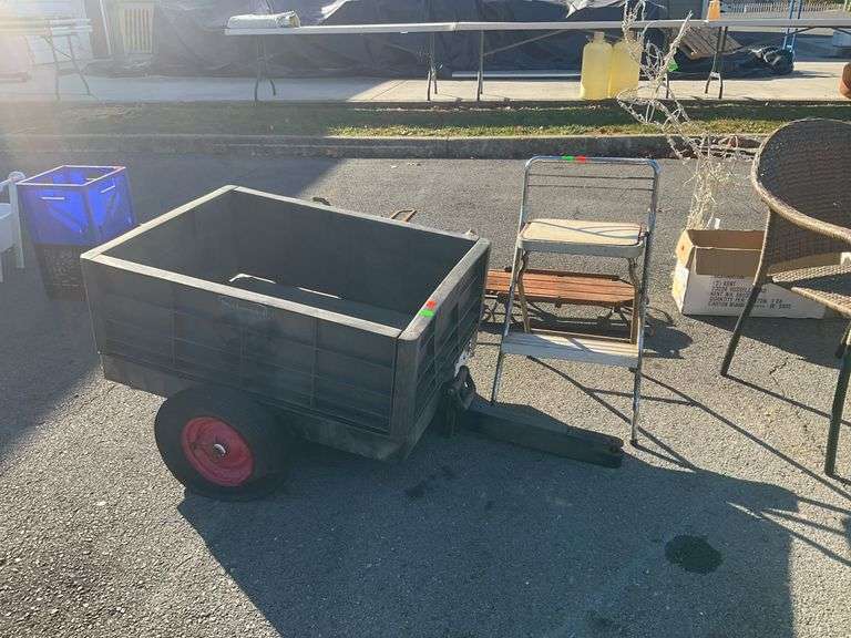 2pcs: Rubbermaid tag-along cart, 35”W x 24”L, tires/rims need to be replaced and rustic chair