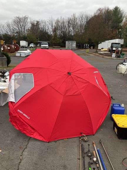 All weather wicker chair with sport-brella 7’dia, with zipper mesh window/vents, chair has some unraveling and umbrella has some small holes