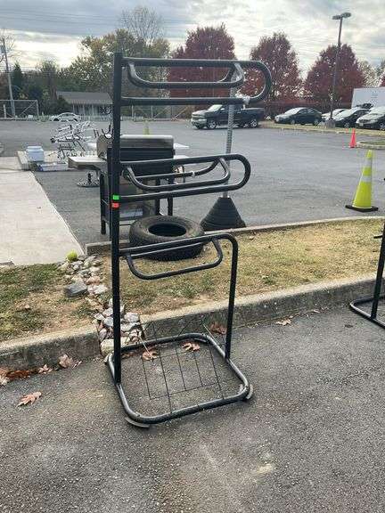 Saddle rack, holds up to 3-saddles, 68”H with 3- hooks on side and bottom wire rack