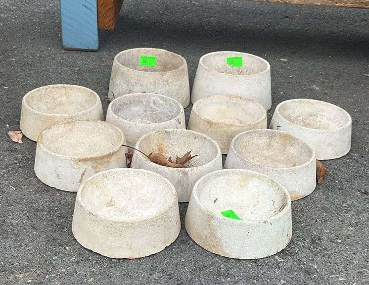Cement bowls, 11 total, 9-bowls at 4.5”opening x 2”H and 2-bowls at 4.5”opening x 3.5”H