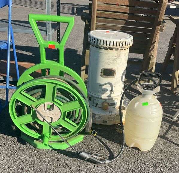 Craftsman hose reel with hose, hose appears to be in good shape, pump action sprayer, 2gal capacity, DuraHeat kerosene heater, missing cage and handle, non tested by Hash Auctions