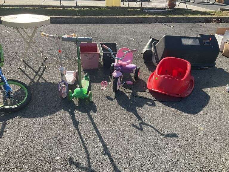 Poly sleigh, tricycle with storage bin and two scooters