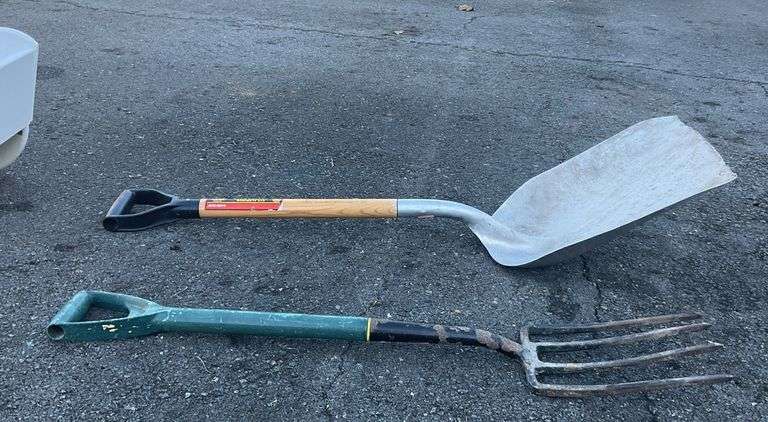 Aluminum grain shovel, and a four tine pitchfork