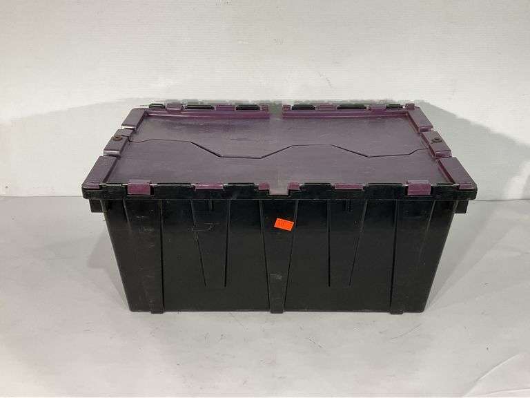 Plastic storage tote with interlocking lid, black, and purple - Hash ...