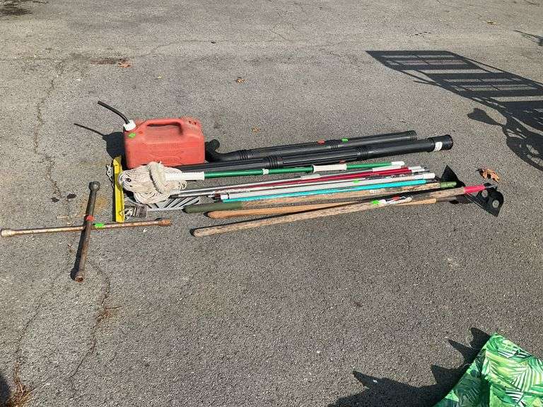 Tool lot, garden tools, mop, handles, tire iron, fuel can 3gal