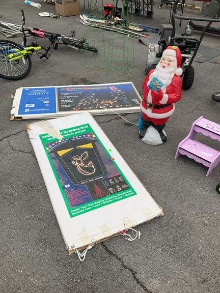 Santa blow mold 32”H, wire angel 48”H wire lighted nativity scene, 55”W x 68”H, lights non tested by Hash Auctions