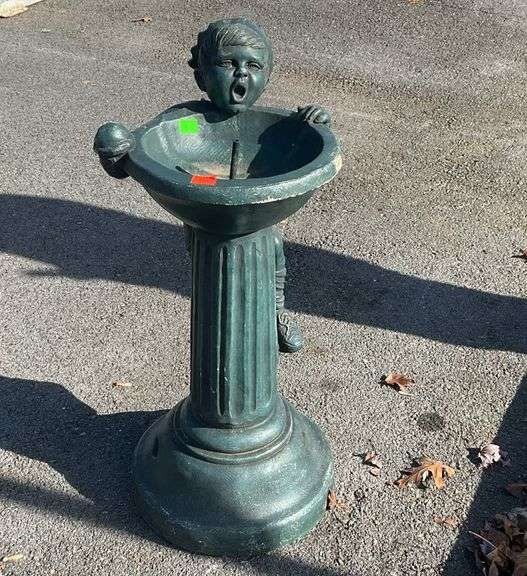 Concrete yard sculpture, kid with ice-cream cone trying to get a drink, 30”H x 9.5”dia bowl, very heavy, will need hose and pump for fountain