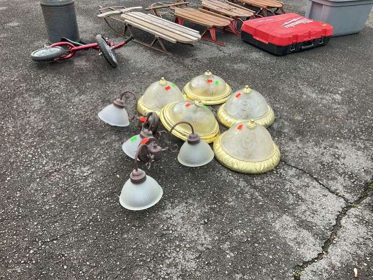 5-Glass/brass chandeliers, 2-metal/glass mounted lights, all non tested by Hash Auctions  ALL proceeds go to the Keystone Kristen Academy fund
