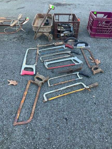 Rustic wagon, with poly crate of assorted tools
