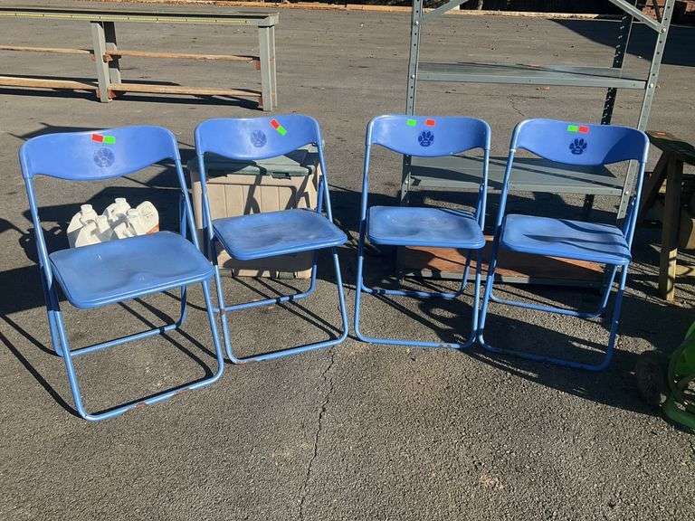 4-folding chairs, poly seating and backing, metal frame, frame has rust, seats/backs are scuffed