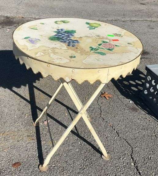Outdoor table, foldable, 23”dia, fruit/floral themed top, will need some work along top