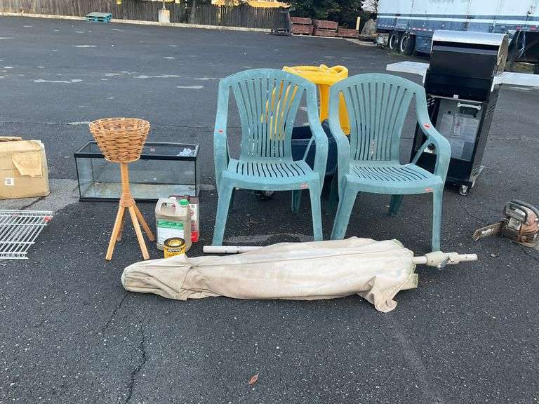 Rattan planter stand 10”dia, 2-poly outdoor chairs, slatted backing/bottom, patio umbrella 8’dia, has holes, wood finish and water seal, some material left