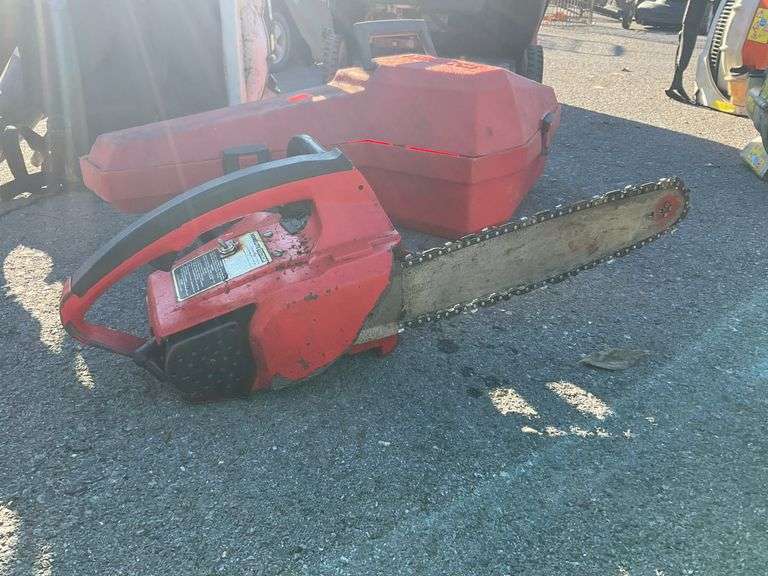 Homelite chainsaw, 12” bar/chain, item comes from locale sales/repair shop, sells as-is for parts of repairs