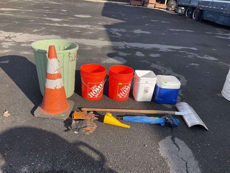 Gloves, caution cone, buckets, cooler, umbrella, metal,head shovels, trashcan