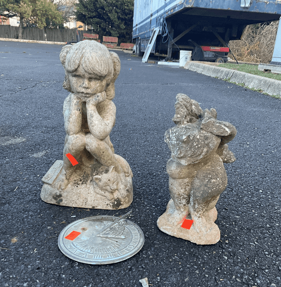 Sundial, resin girl pouting sculpture 14”H, gargoyle cement sculpture 12”H, cement sculpture has some chips