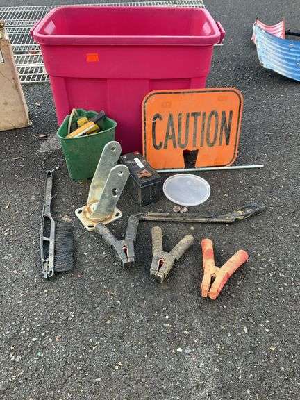Poly bin, includes, caution sign, jump cable teeth only, plug-in adapter, items sell as-is