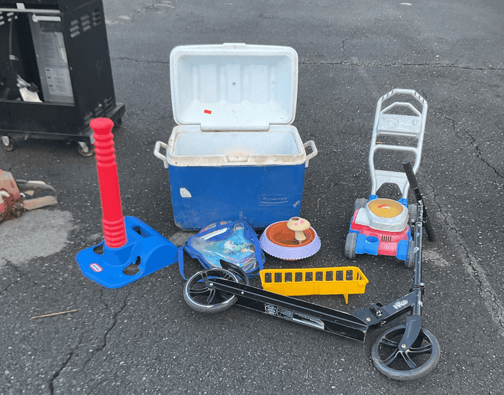 Kids toy lot, mower, scooter, batting tee, etc.