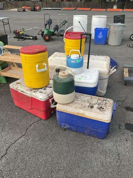 Lot of coolers, some are damaged, sells as is