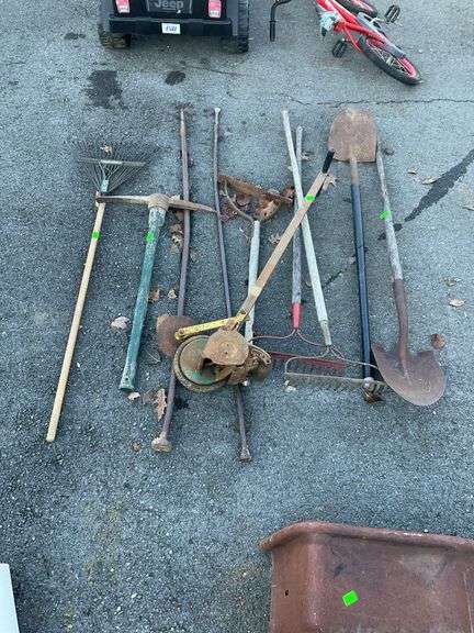 Long handle tool lot, shovels, digging irons, pick axe, rakes