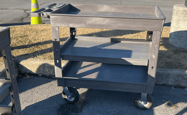 Global three tier poly cart, 3’L x 2’W x 3’H, tires need air