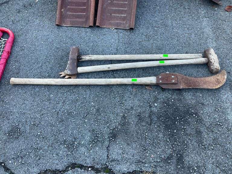 Sledgehammer, splitting maul, brush axe, wooden handles, there is rust