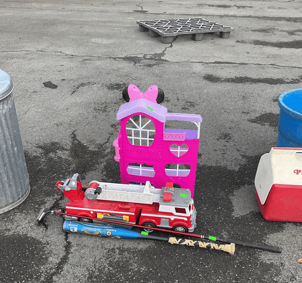 Minnie Mouse house, golf club, bat, firetruck